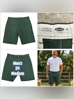 Mens Old Navy 34 Large Khakis Chino Shorts Green Stretch Ultimate Slim Twill